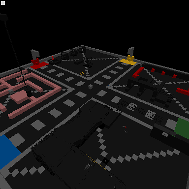 Earlier HoloView overhead-drone frame at native 384 by 384 pixels, 70 degree field of view, run tick 8