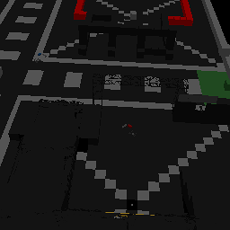 Later HoloView overhead-drone frame at native 256 by 256 pixels, 39.804 degree field of view, run tick 14